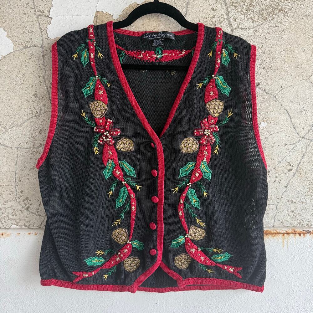 Vtg 90s Christmas Sweater Vest Embroidered Beaded Pinecone Holly Women L Holiday